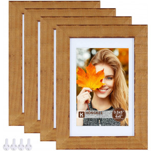 4x6 Picture Frames Set Of 4, Rustic Photo Frame Made Of Solid Wood And High-Definition Glass Display Pictures 3.5x5 With Mat Or 4x6 Without Mat For Wall Or Tabletop Display, Baked Brown T-Shirt