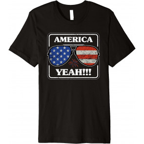America Yeah Patriotic Sunglasses Flag 4th Of July Fireworks T-Shirt
