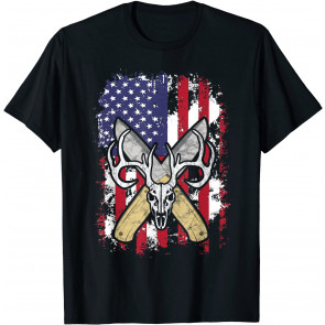 American Deer Hunter Flag Vintage Retro Deer Skull T-Shirt