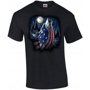 American Flag Wolf Howling Moon Patriotic T-Shirt