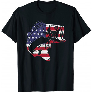 Bass Fisherman Fishing USA Flag Large Mouth Bass T-Shirt