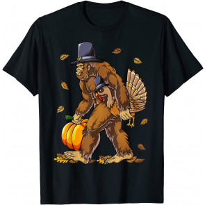 Bigfoot Pilgrim Turkey Pumpkin Thanksgiving Day Boys Men T-Shirt