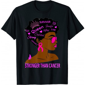 Black Women Queen Stronger Than Breast Cancer Pink Ribbon T-Shirt