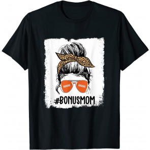 Bleached Football Bonus Mom Life Leopard Messy Bun Game Day T-Shirt