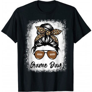 Bleached Football Leopard And Messy Bun Player Game Day Mom T-Shirt