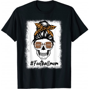 Bleached Football Mom Life Skull Leopard Messy Bun Halloween T-Shirt