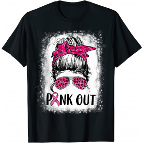 Bleached Pink Out Football Mom Messy Bun Pink Breast Cancer T-Shirt