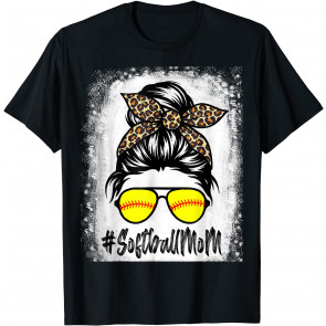 Bleached Softball Mom Life With Leopard And Messy Bun Player T-Shirt