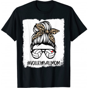 Bleached Volleyball Mom Life Leopard Messy Bun Mom Game Day T-Shirt