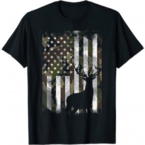 Camo US Flag Deer Elk Buck Camoflage T-Shirt