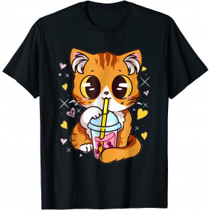 Cat Drinking Juice Kawaii Anime Japanese Food Lovers T-Shirt