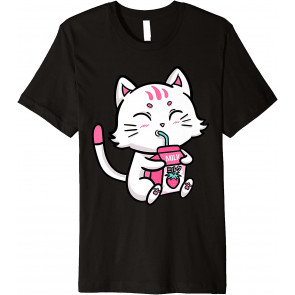 Cat White Kitten Drinking Strawberry Milk Anime Manga Kawaii T-Shirt