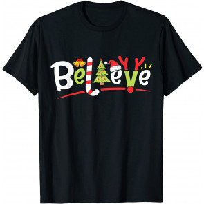 Christmas Believe Boys Girls Santa Hat Xmas Tree Antlers T-Shirt