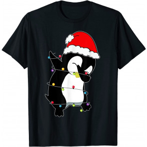 Christmas Dabbing Penguin Lights Santa Hat For Boys Girls T-Shirt