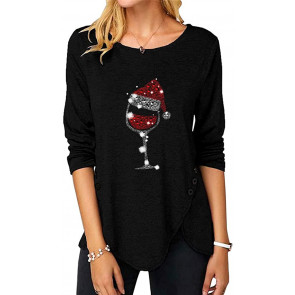 Christmas Top Red Wine Glass Print   T-Shirt