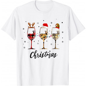 Christmas Wine Glass Leopard Buffalo Plaid Santa Hat T-Shirt