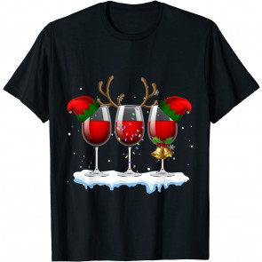 Christmas Wine Glass Santa Hat Lights T-Shirt