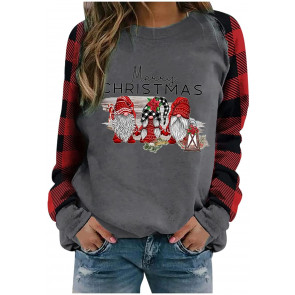 Christmas Women Tops Cute Print Gnome Reindeer Graphic Plaid Splicing Casual Crewneck  s Sweat T-Shirt