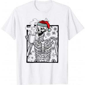 Coffee Drinking Skeleton Christmas Skull Santa Hat T-Shirt