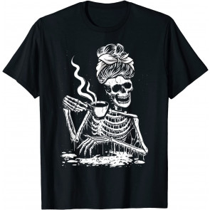 Coffee Drinking Skeleton Lazy DIY Halloween Costume Women T-Shirt