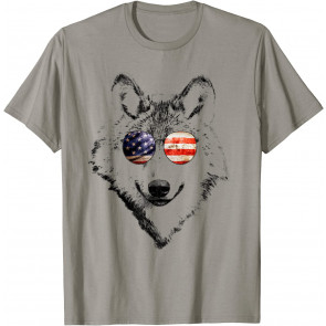 Cool Wolf Patriotic American Flag Sunglasses T-Shirt
