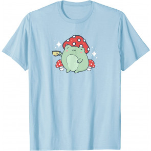 Cottagecore Aesthetic Kawaii Frog Drinking Tea Mushroom Head T-Shirt