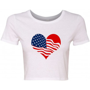 Crop Top Ladies Heart Flag USA Love Country America Patriotic T-Shirt