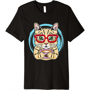 Cute Cat With Glasses Drinking Coffee For Cat & Cofee Lovers T-Shirt
