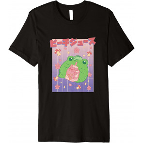 Cute Cottagecore Frog Drinking Japanese Peach Juice T-Shirt