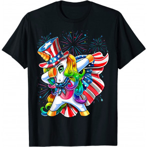 Dabbing Unicorn 4th Of July American Flag Uncle Sam Girls T-Shirt