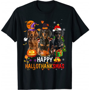 Dachshund Dog Halloween Merry Christmas Happy Hallothanksmas T-Shirt