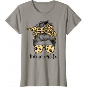 Dog Mom Life Messy Bun Hair Leopard Bandana T-Shirt