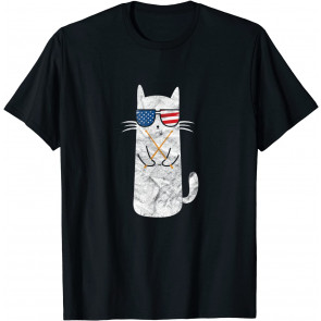 Drummer Cat Sunglasses USA Flag T-Shirt