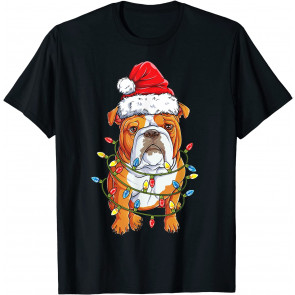 English Bulldog Santa Christmas Tree Lights Xmas Boys Dog T-Shirt