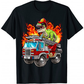Fireman T Rex Dinosaur Firefighter Hat And Firetruck Boys T-Shirt