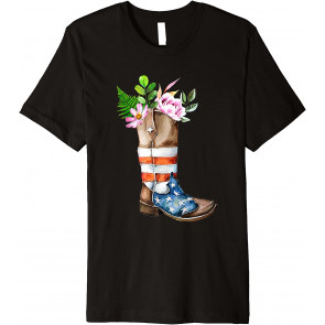 Floral Country Motif Patriotic Cowboy Boots American Flag T-Shirt