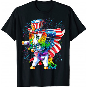 Flossing Unicorn 4th Of July American Flag Uncle Sam Girls T-Shirt