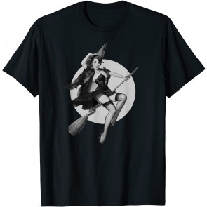 Flying Witch On Broom Halloween Sexy Witch Pin Up Girl T-Shirt