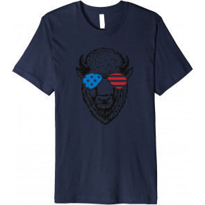 Funny Bison Patriotic USA Flag Aviator Sun Glasses Design T-Shirt