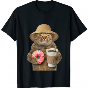 Funny Brown Cat With Coffee And Donut T-Shirt