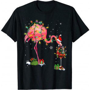Funny Flamingo Drinking Wine On Christmas Xmas Pajama Adults T-Shirt