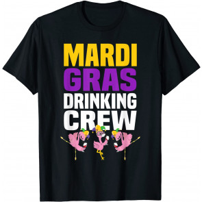 Funny Flamingo Holding Wine Glass Mardi Gras Drinking Crew T-Shirt