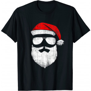 Funny Santa Claus Face Sunglasses With Hat Beard Christmas T-Shirt