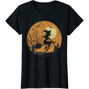 Girls Halloween Witch Riding Broom In Front Of Moon T-Shirt