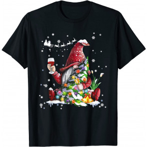 Gnome Drinking Wine Christmas Tree Lights T-Shirt
