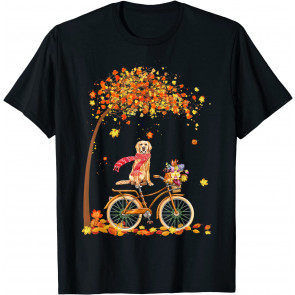 Golden Retriever Riding Bicycle Autumn Leaves Cute Fall T-Shirt
