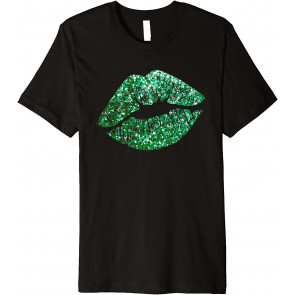 Green Glitter Lips Kiss Me I Am Irish St Patricks Day  T-Shirt