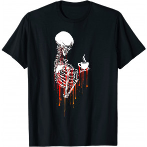 Halloween Coffee Drinking Skeleton Skull Gothic Goth T-Shirt
