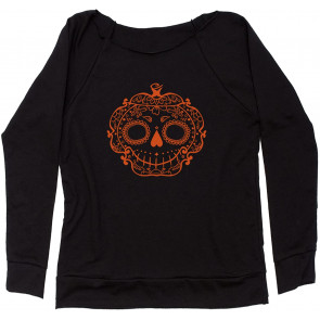 Halloween Sugar Skull Pumpkin Head Off Shoulder Sweat T-Shirt