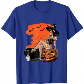 Halloween Witch Cauldron Pin Up Retro Vintage Pumpkin Women T-Shirt